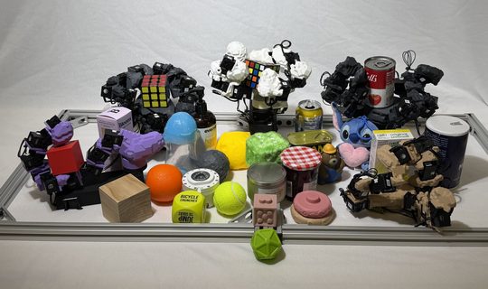 Five evolved manipulators built on Dynamixel servos, shown with the household objects they are trained to grasp