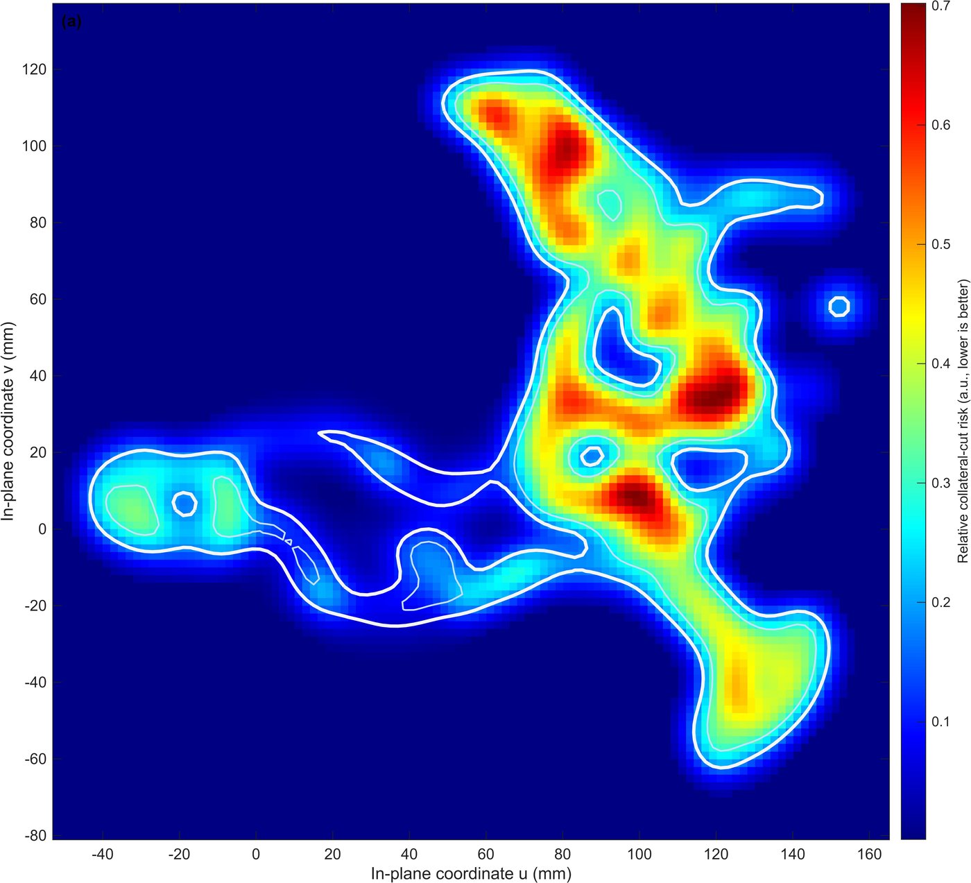 In-plane risk heatmap on one recommended cutting plane, with projected bone contours.